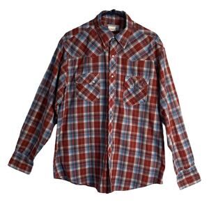 Wrangler Wrancher Shirt Mens Size XL Red Plaid Long Sleeve Pearl Snap Pockets